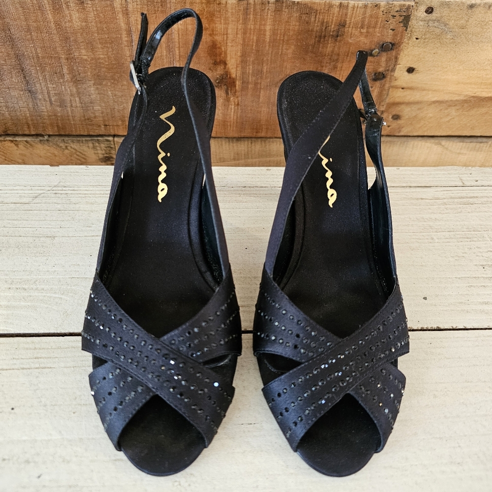 Nina "Camille" black satin & crystal peep toe slingback heels Size 6-1/2M - Picture 2 of 10
